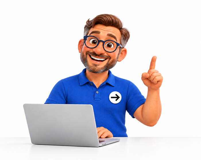 Bagagegids-expert achter laptop met witte pijltjesbadge